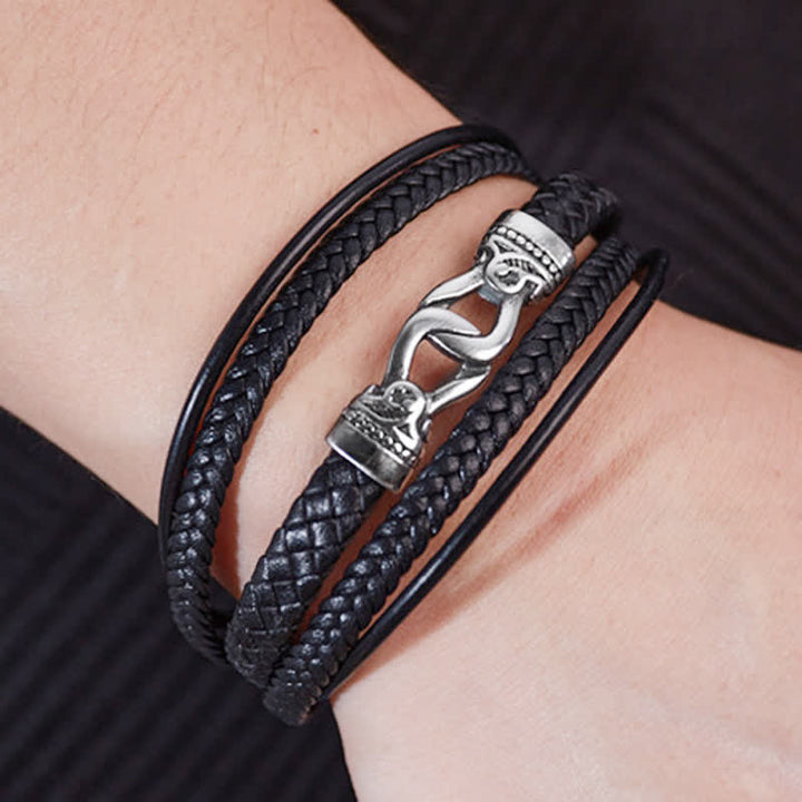 Buddha Stones Black Leather Braided Titanium Steel Durability Double Wrap Bracelet - image 6