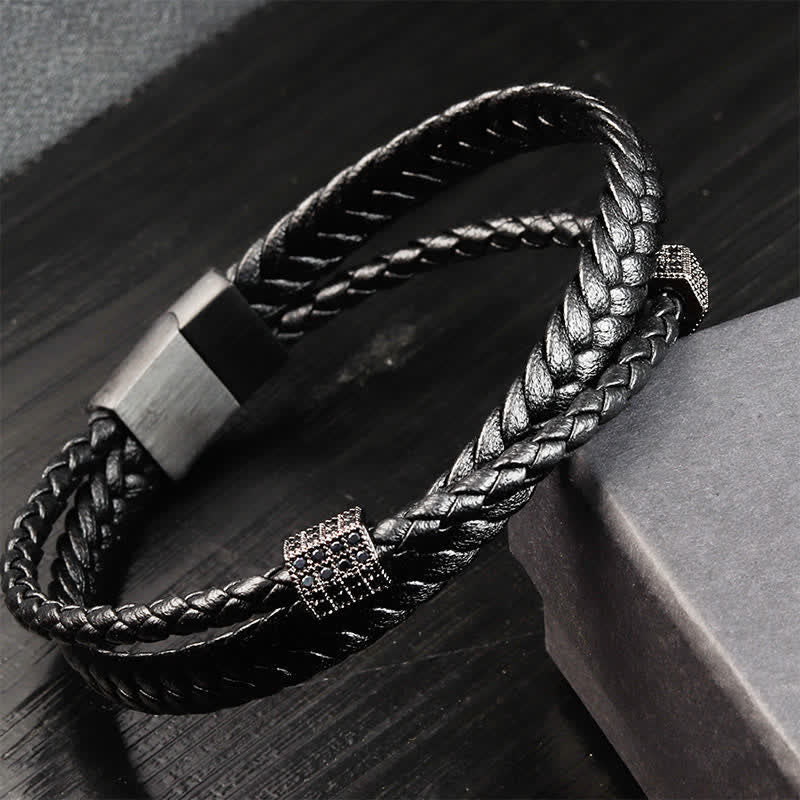 Buddha Stones Black Leather Hand-Woven Braided Titanium Steel Strength Multi-Wrap Bracelet - Black - image 1