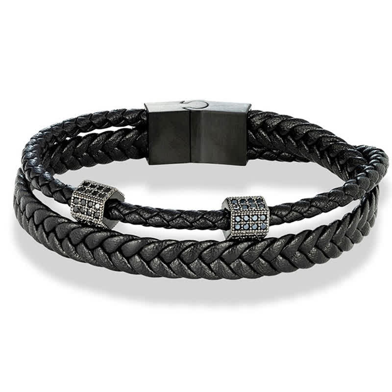 Buddha Stones Black Leather Hand-Woven Braided Titanium Steel Strength Multi-Wrap Bracelet - image 3