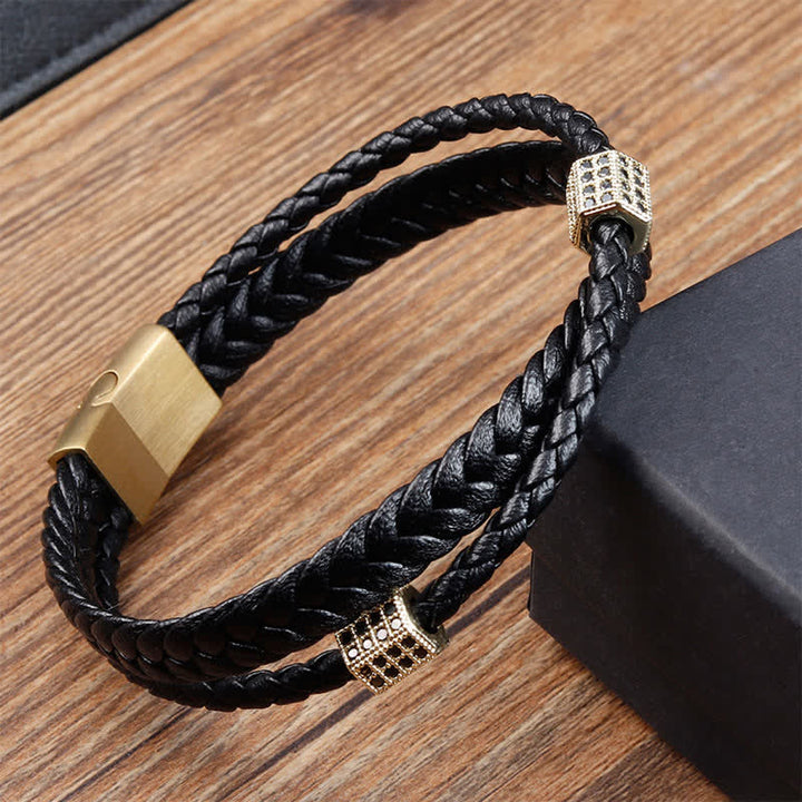 Buddha Stones Black Leather Hand-Woven Braided Titanium Steel Strength Multi-Wrap Bracelet - image 8