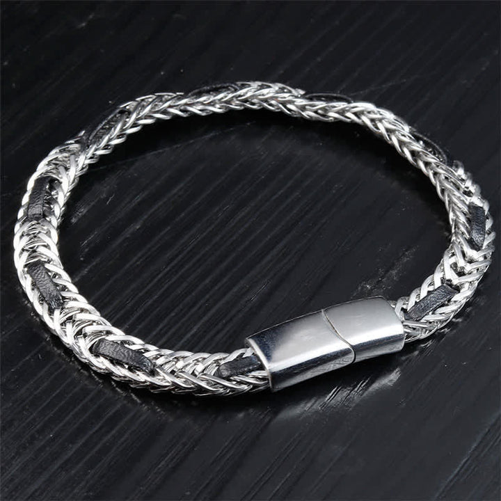 Buddha Stones Black Leather Braided Titanium Steel Double Layer Durability Bracelet - image 2