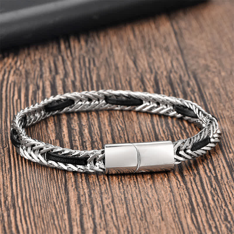 Buddha Stones Black Leather Braided Titanium Steel Double Layer Durability Bracelet - Titanium Steel(Strengthen ♥ Stimulation) - image 0