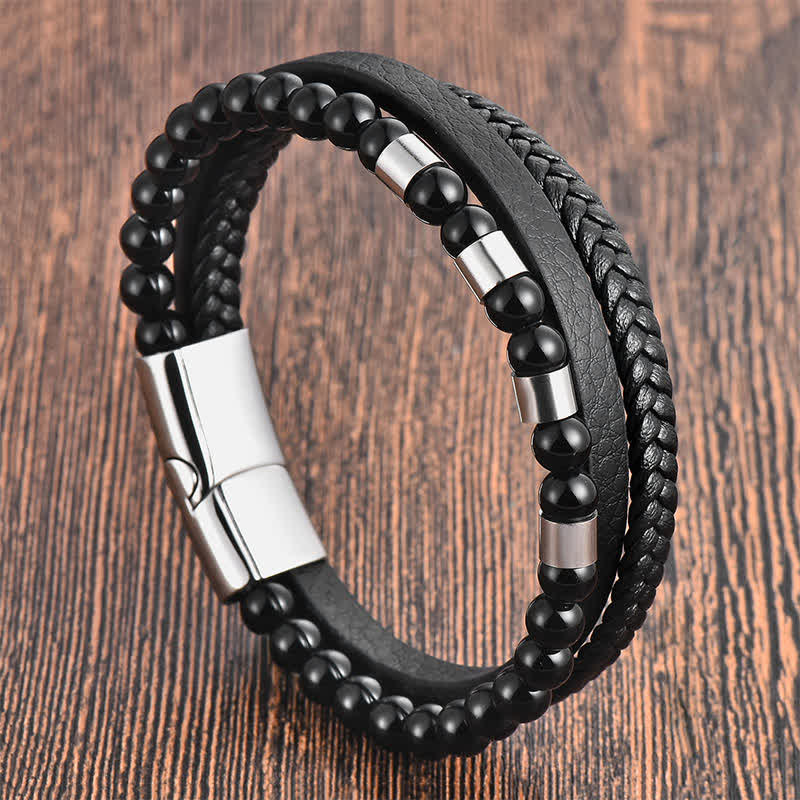 Buddha Stones Black Leather Strength Braided Double Layer Bracelet - image 8