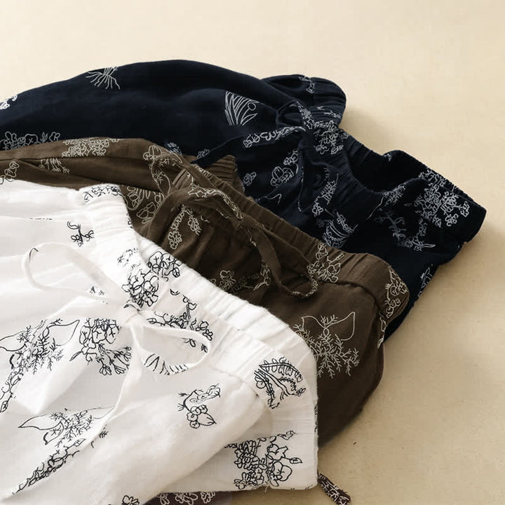 Buddha Stones Summer Casual Vintage Drawstring Floral Ankle Pants Women's Wide Leg Pants With Pocket - image 20