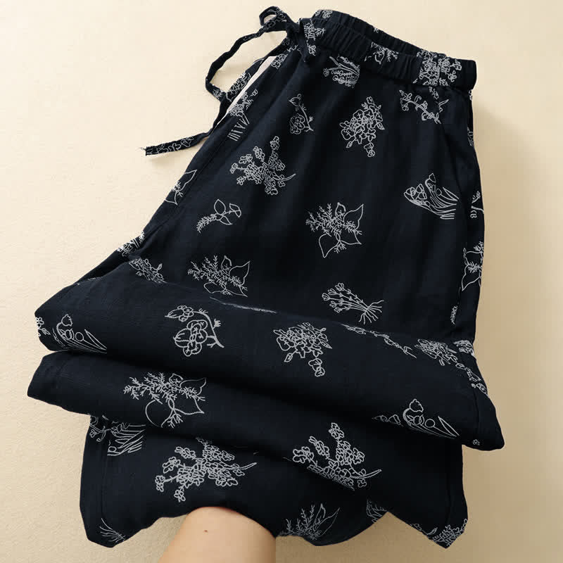 Buddha Stones Summer Casual Vintage Drawstring Floral Ankle Pants Women's Wide Leg Pants With Pocket - image 9