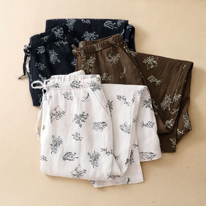 Buddha Stones Summer Casual Vintage Drawstring Floral Ankle Pants Women's Wide Leg Pants With Pocket - image 19