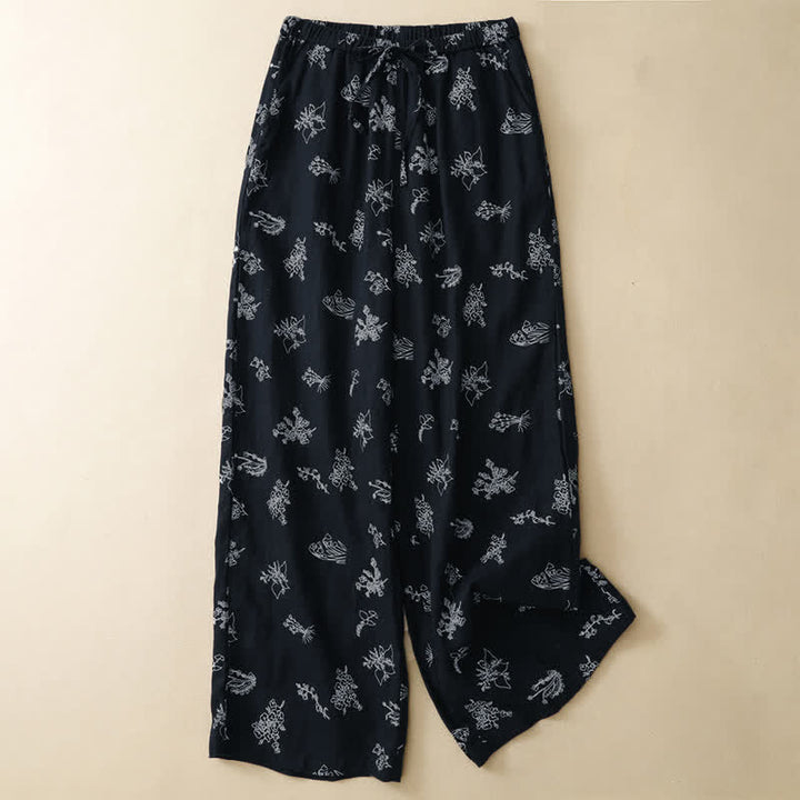 Buddha Stones Summer Casual Vintage Drawstring Floral Ankle Pants Women's Wide Leg Pants With Pocket - Navy - US8-10, UK/AU12-14, EU40-42 (2XL) - image 8