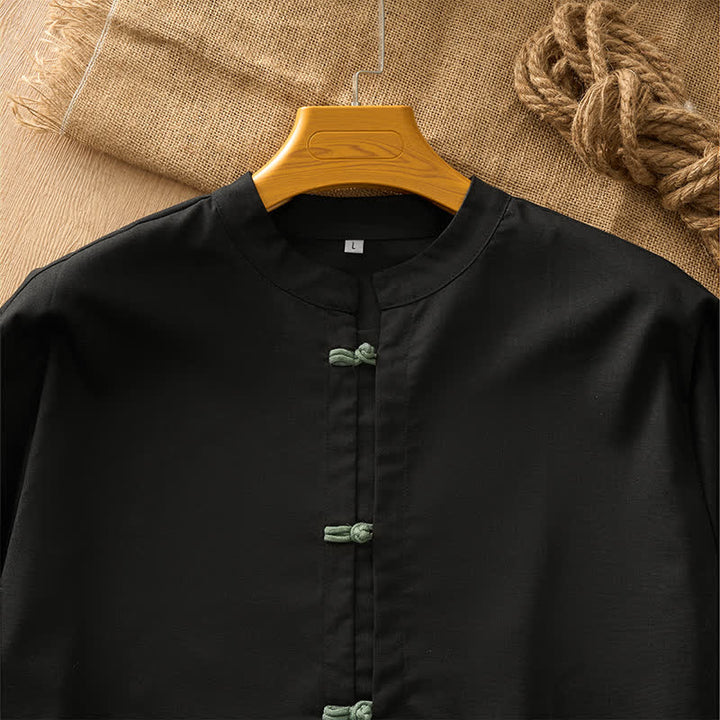 Buddha Stones Spring Summer Tang Style Casual Frog Button Solid Men's Long Sleeve Shirts - image 7