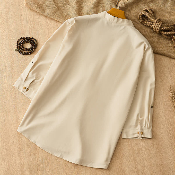 Buddha Stones Spring Summer Tang Style Casual Frog Button Solid Men's Long Sleeve Shirts - image 2