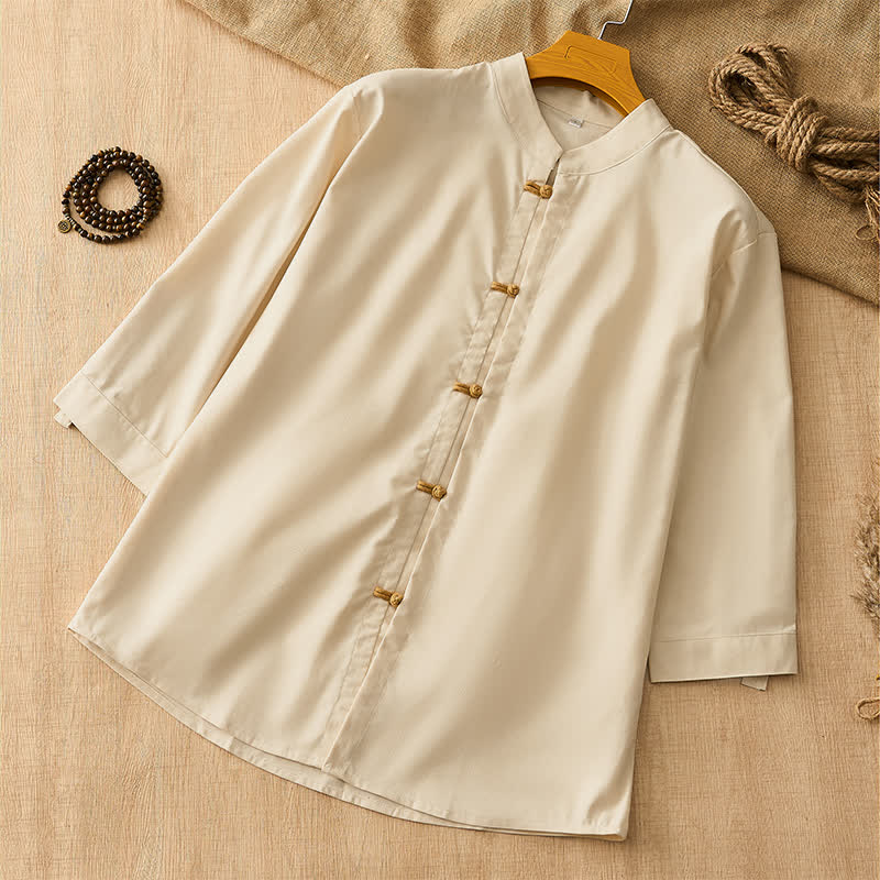 Buddha Stones Spring Summer Tang Style Casual Frog Button Solid Men's Long Sleeve Shirts - image 1
