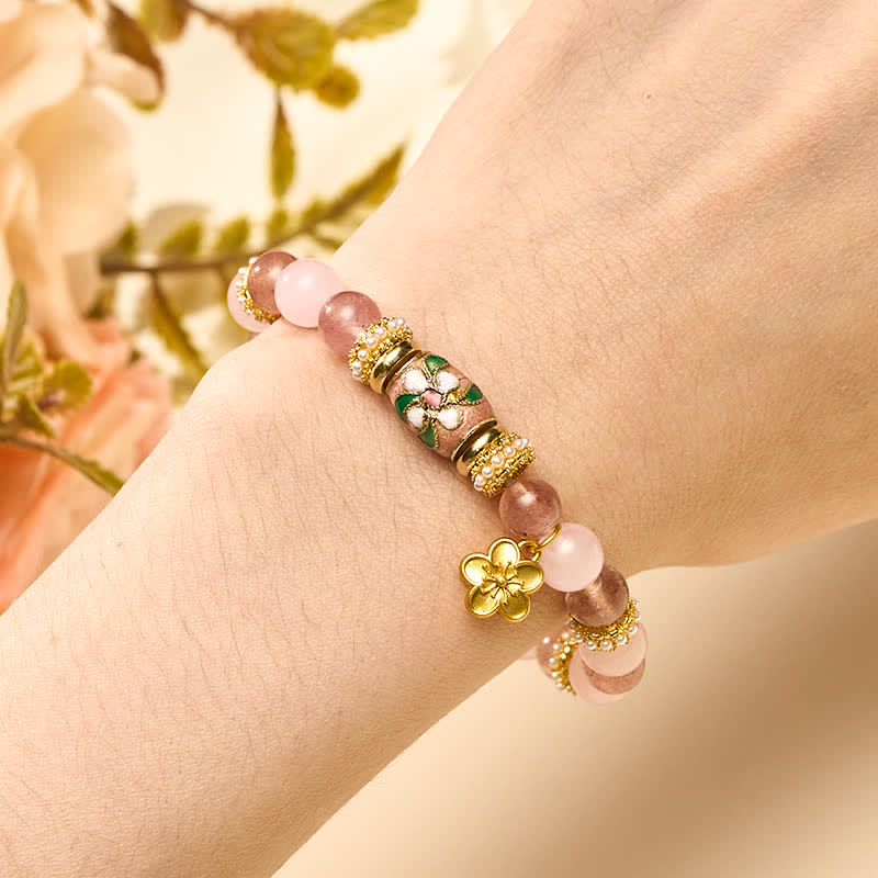 Buddha Stones Natural Strawberry Quartz Rose Quartz Enamel Flowers Pendant Love Round Polished Bead Bracelet - image 4