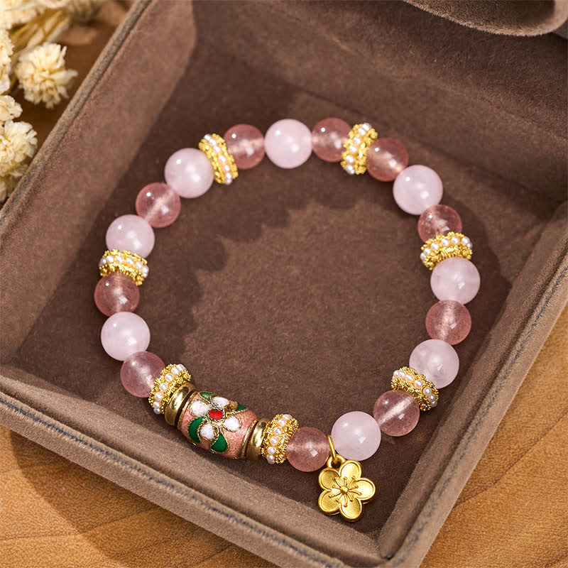 Buddha Stones Natural Strawberry Quartz Rose Quartz Enamel Flowers Pendant Love Round Polished Bead Bracelet - image 1