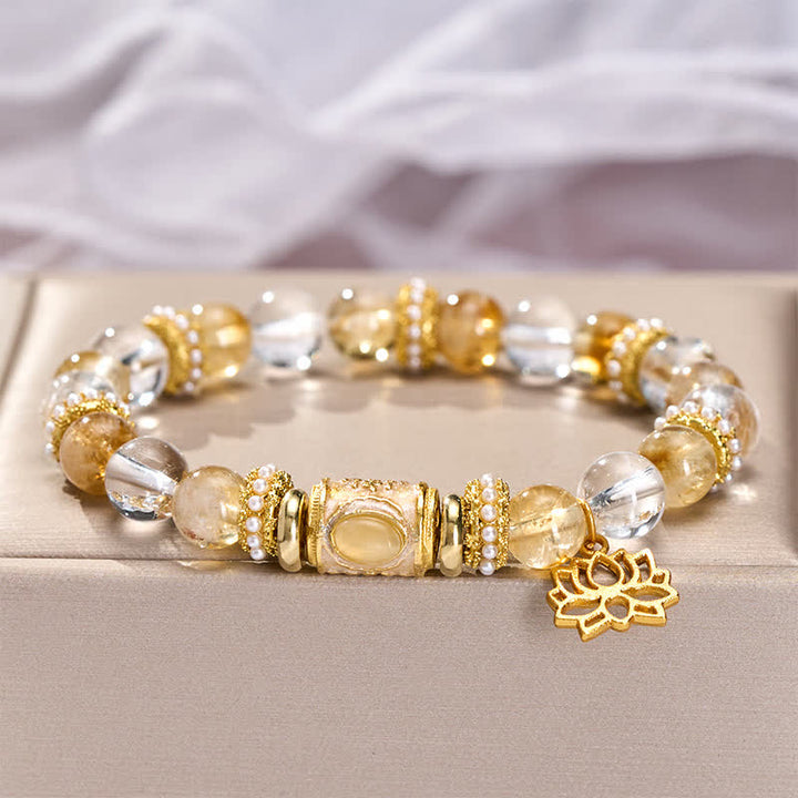 Buddha Stones Citrine Clear Quartz Enamel Barrel Bead Lotus Round Bead Bracelet - image 2