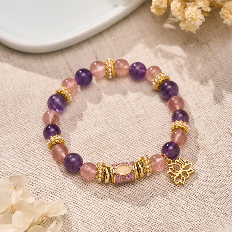 Buddha Stones Natural Amethyst Strawberry Quartz Enamel Barrel Bead Lotus Pendant Calm Hand Polished Round Bead Bracelet - Amethyst Strawberry Quartz(Wrist Circumference: 15–16 cm) - image 0