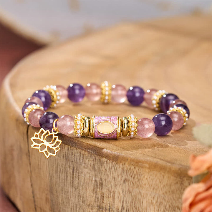 Buddha Stones Natural Amethyst Strawberry Quartz Enamel Barrel Bead Lotus Pendant Calm Hand Polished Round Bead Bracelet - image 2