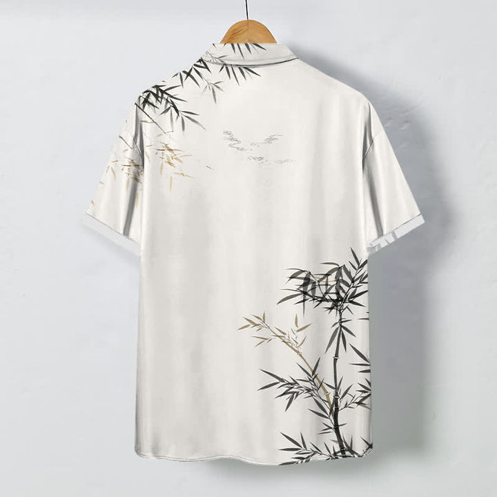 Buddha Stones Ink Bamboo Leaf Pattern Buttons Wrinkle-resistant Men's Short Sleeve Shirt - image 1