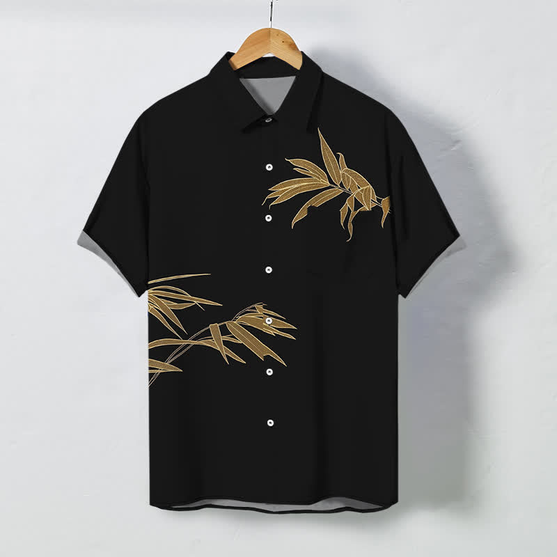 Buddha Stones Golden Bamboo Leaf Pattern Buttons Breathable Men's Short Sleeve Shirt - Black - US/UK/AU48，EU58 (4XL) - image 0