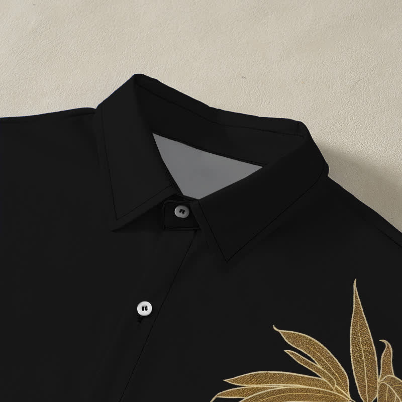 Buddha Stones Golden Bamboo Leaf Pattern Buttons Breathable Men's Short Sleeve Shirt - image 2