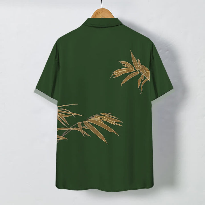 Buddha Stones Golden Bamboo Leaf Pattern Buttons Breathable Men's Short Sleeve Shirt - image 6