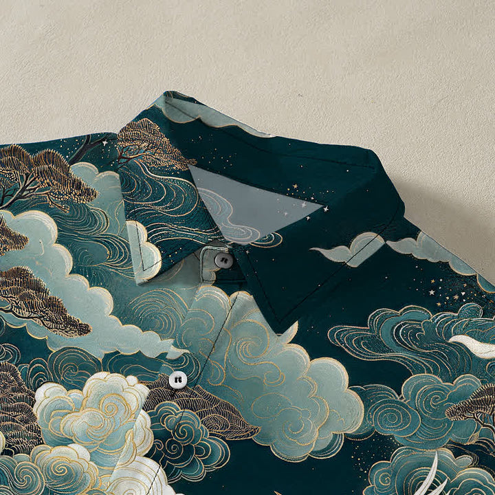 Buddha Stones Oriental Crane Cloud Wave Pattern Buttons Breathable Men's Short Sleeve Shirt - image 2