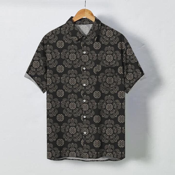 Buddha Stones Vintage Medallion Geometric Pattern Buttons Breathable Men's Short Sleeve Shirt - 	Black - US/UK/AU48，EU58 (4XL) - image 0