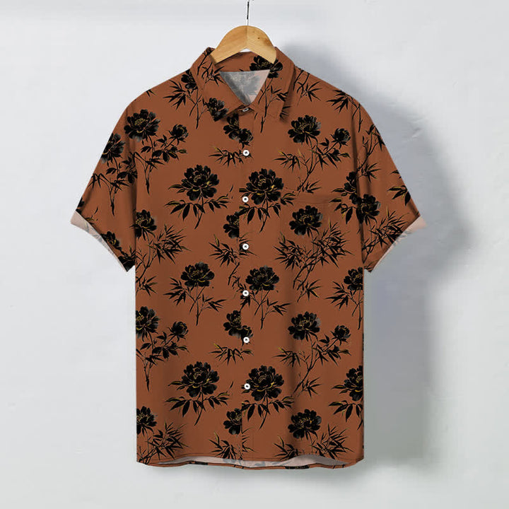 Buddha Stones Tropical Floral Leaf Pattern Buttons Breathable Men's Short Sleeve Shirt - Sienna - US/UK/AU48，EU58 (4XL) - image 0