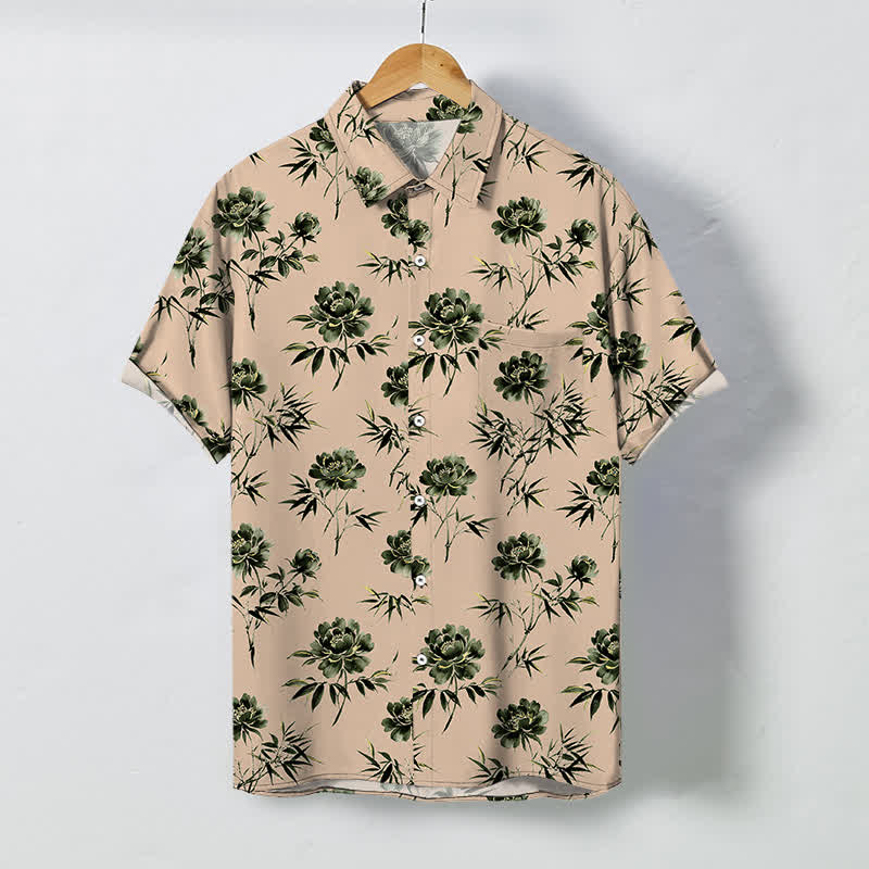 Buddha Stones Tropical Floral Leaf Pattern Buttons Breathable Men's Short Sleeve Shirt - PeachPuff - US/UK/AU48，EU58 (4XL) - image 10