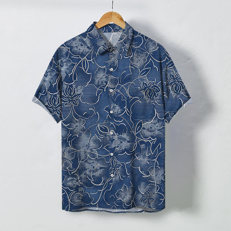 Buddha Stones Indigo Floral Vine Pattern Buttons Wrinkle-resistant Men's Short Sleeve Shirt - Navy - US/UK/AU48，EU58 (4XL) - image 0