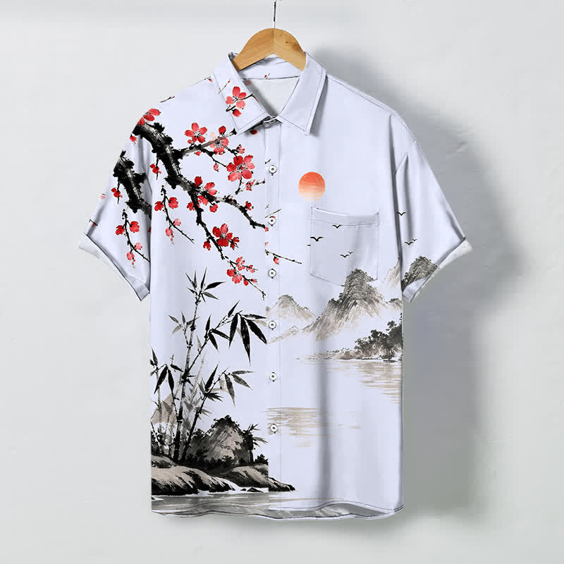 Buddha Stones Ink Landscape Bamboo Blossom Sunset Pattern Buttons Breathable Men's Short Sleeve Shirt - 	LightSkyBlue - US/UK/AU48，EU58 (4XL) - image 5