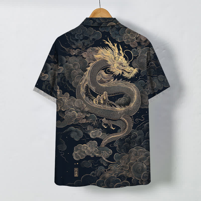 Buddha Stones Golden Dragon Cloud Pattern Buttons Wrinkle-resistant Men's Short Sleeve Shirt - image 8