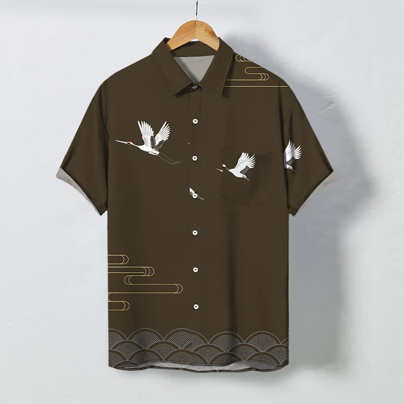 Buddha Stones Crane Gold Wave Pattern Buttons Breathable Men's Short Sleeve Shirt - SaddleBrown - US/UK/AU48，EU58 (4XL) - image 5