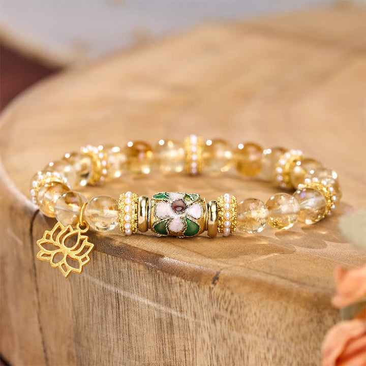 Buddha Stones Citrine Lotus Pendant Enamel Barrel Bead Abundance Hand-polished Round Bead Bracelet - image 2