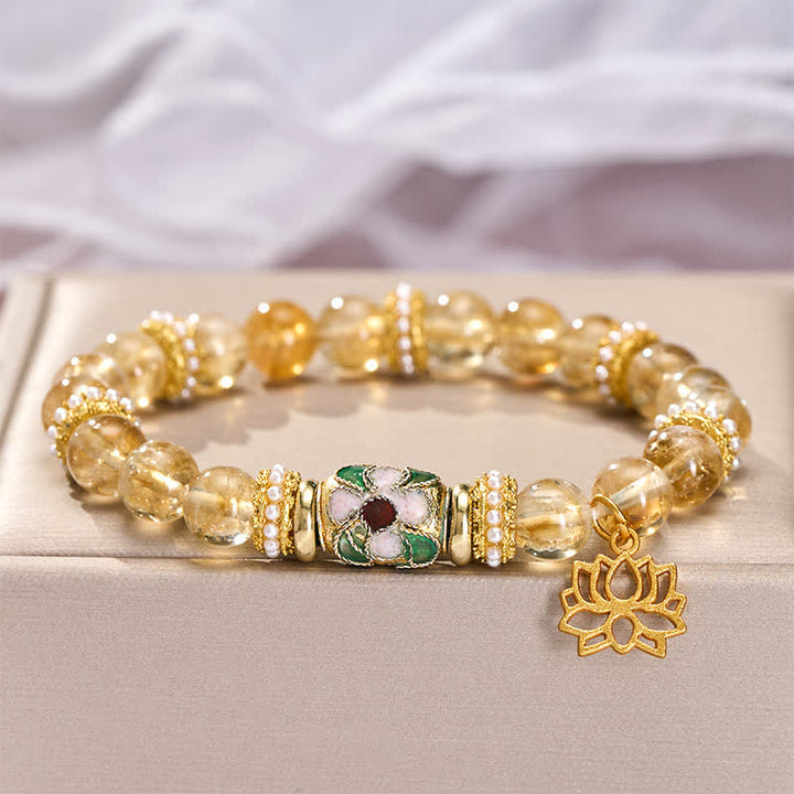 Buddha Stones Citrine Lotus Pendant Enamel Barrel Bead Abundance Hand-polished Round Bead Bracelet - image 3