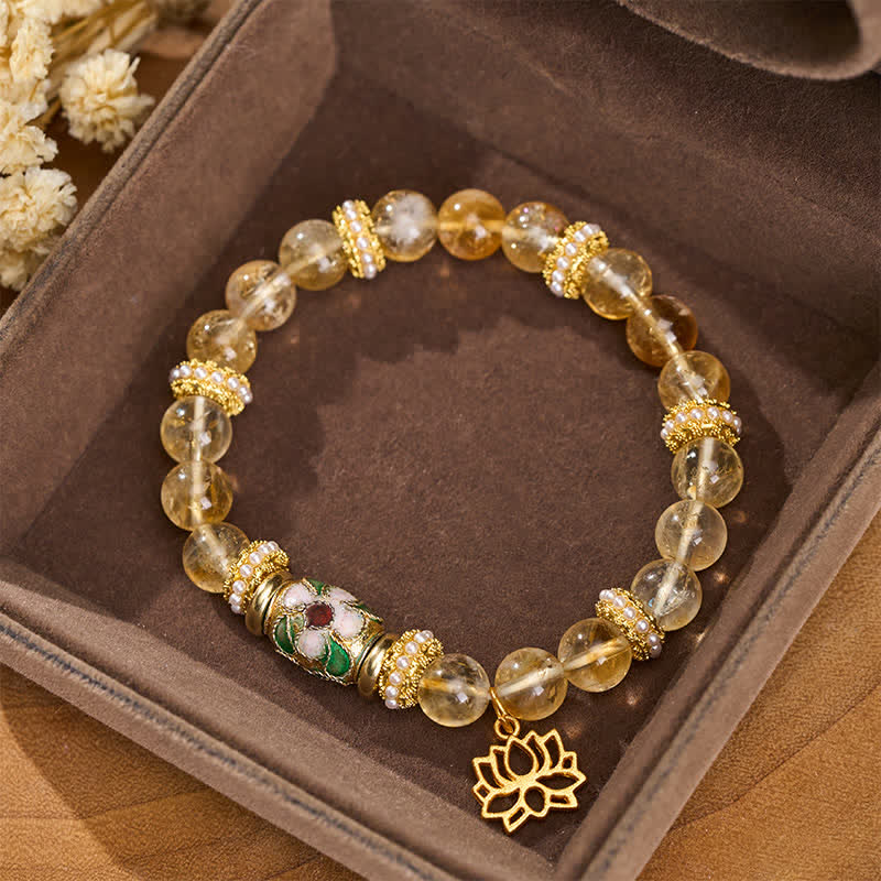 Buddha Stones Citrine Lotus Pendant Enamel Barrel Bead Abundance Hand-polished Round Bead Bracelet - Citrine (Wrist Circumference: 15–16 cm) - image 0