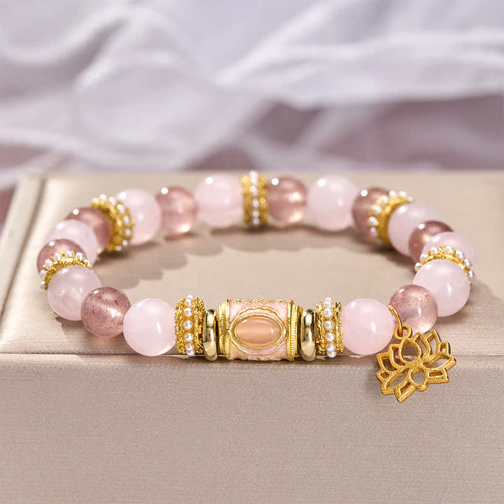 Buddha Stones Natural Strawberry Quartz Rose Quartz Enamel Barrel Bead Clarity Round Bead Bracelet - image 2
