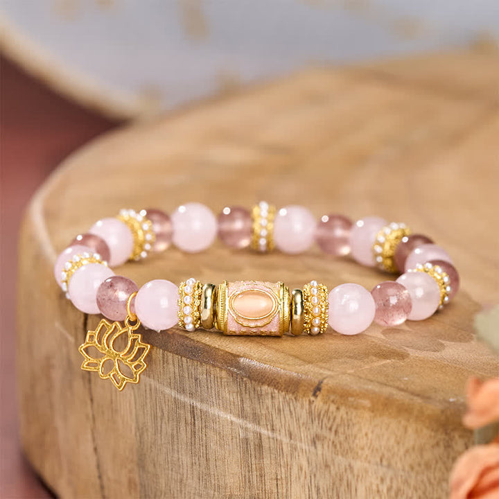 Buddha Stones Natural Strawberry Quartz Rose Quartz Enamel Barrel Bead Clarity Round Bead Bracelet - image 3