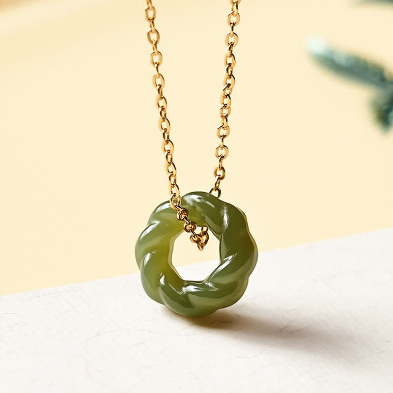 Buddha Stones Hand Carved Hetian Jade Fried Dough Twists Blessing Vintage Necklace - 925 Sterling Silver(Blessing♥Calm) - Natural Jade(Color May Vary) - image 0