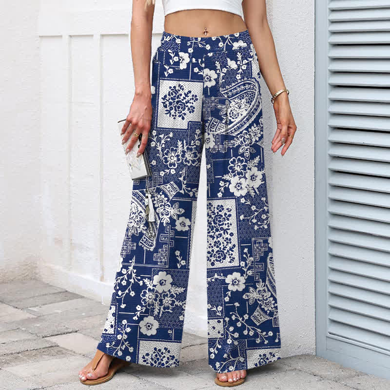 Buddha Stones Cotton Linen Vintage Floral Geometric Patchwork Pattern Women's Elastic Waist Wide Leg Pants With Pockets - image 1