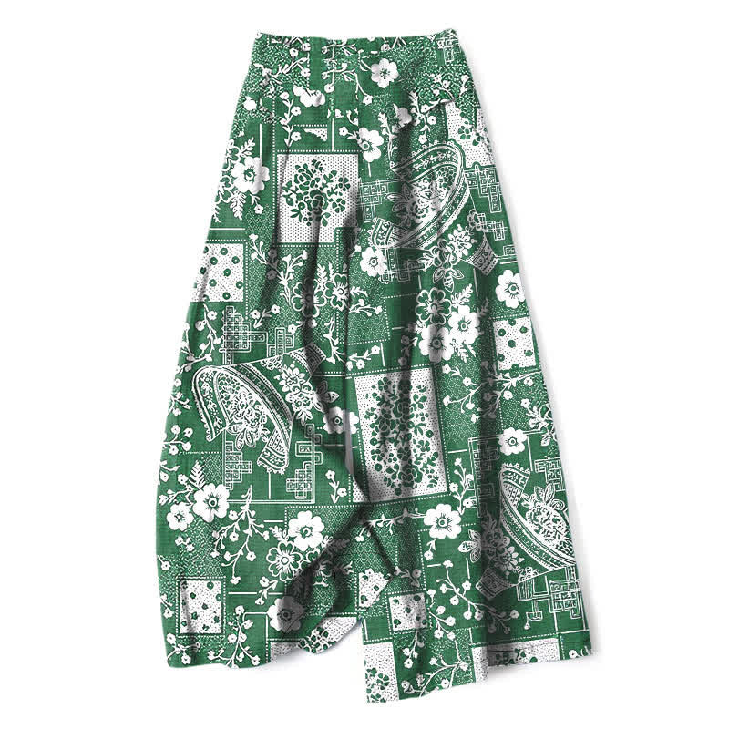 Buddha Stones Cotton Linen Vintage Floral Geometric Patchwork Pattern Women's Elastic Waist Wide Leg Pants With Pockets - SeaGreen - US16，UK/AU20，EU48 (3XL) - image 4