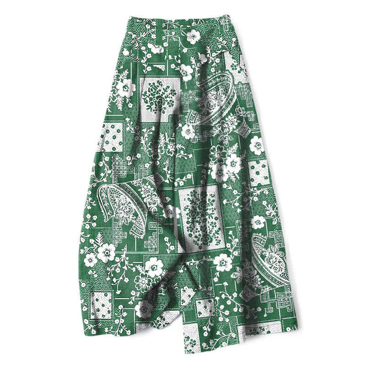 Buddha Stones Cotton Linen Vintage Floral Geometric Patchwork Pattern Women's Elastic Waist Wide Leg Pants With Pockets - SeaGreen - US16，UK/AU20，EU48 (3XL) - image 4