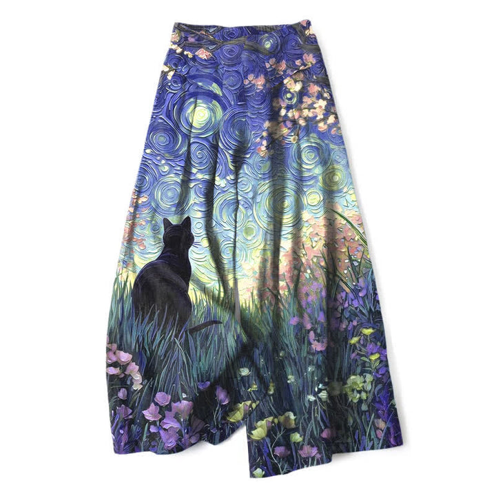 Buddha Stones Cotton Linen Enchanted Forest Black Cat Pattern Women's Elastic Waist Wide Leg Pants With Pockets - SlateBlue - US16，UK/AU20，EU48 (3XL) - image 4