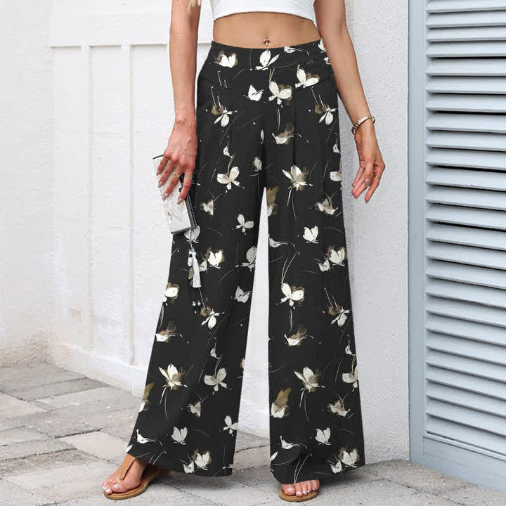 Buddha Stones Cotton Linen Vintage Floral White Butterfly Pattern Women's Elastic Waist Wide Leg Pants With Pockets - image 1