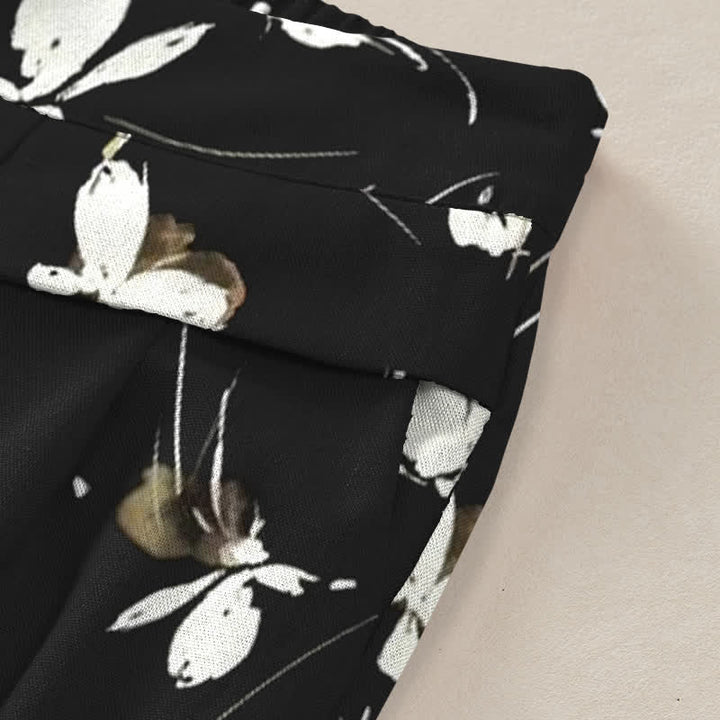 Buddha Stones Cotton Linen Vintage Floral White Butterfly Pattern Women's Elastic Waist Wide Leg Pants With Pockets - image 2