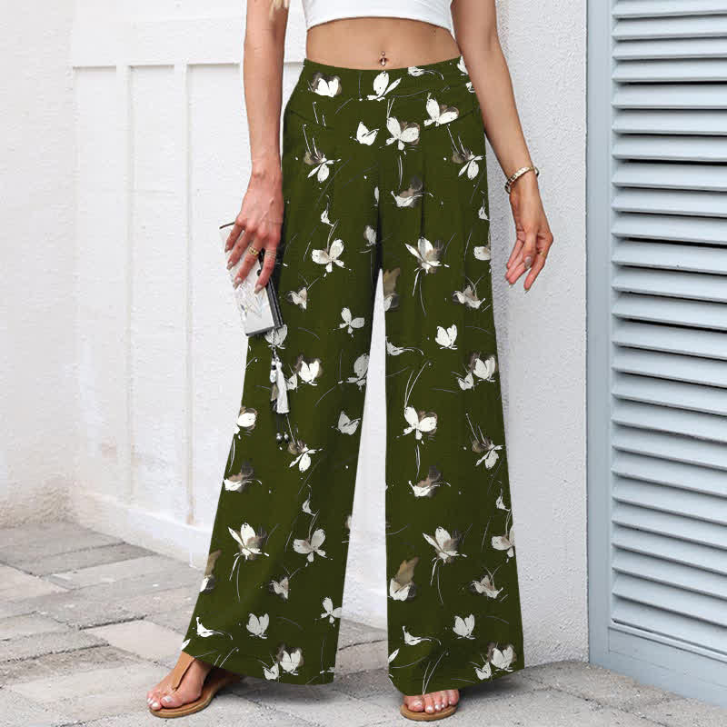 Buddha Stones Cotton Linen Vintage Floral White Butterfly Pattern Women's Elastic Waist Wide Leg Pants With Pockets - image 5