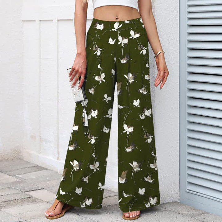 Buddha Stones Cotton Linen Vintage Floral White Butterfly Pattern Women's Elastic Waist Wide Leg Pants With Pockets - image 5