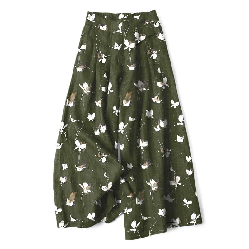 Buddha Stones Cotton Linen Vintage Floral White Butterfly Pattern Women's Elastic Waist Wide Leg Pants With Pockets - DarkOliveGreen - US16，UK/AU20，EU48 (3XL) - image 4