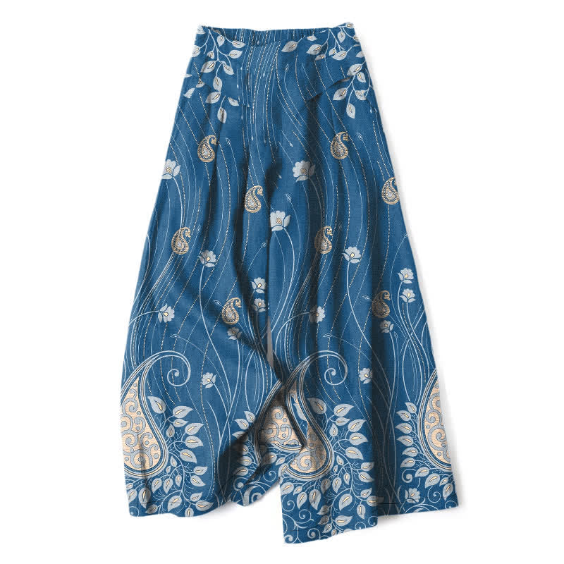 Buddha Stones Cotton Linen Paisley Floral Lines Pattern Women's Elastic Waist Wide Leg Pants With Pockets - SteelBlue - US16，UK/AU20，EU48 (3XL) - image 0