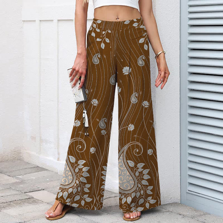 Buddha Stones Cotton Linen Paisley Floral Lines Pattern Women's Elastic Waist Wide Leg Pants With Pockets - image 5