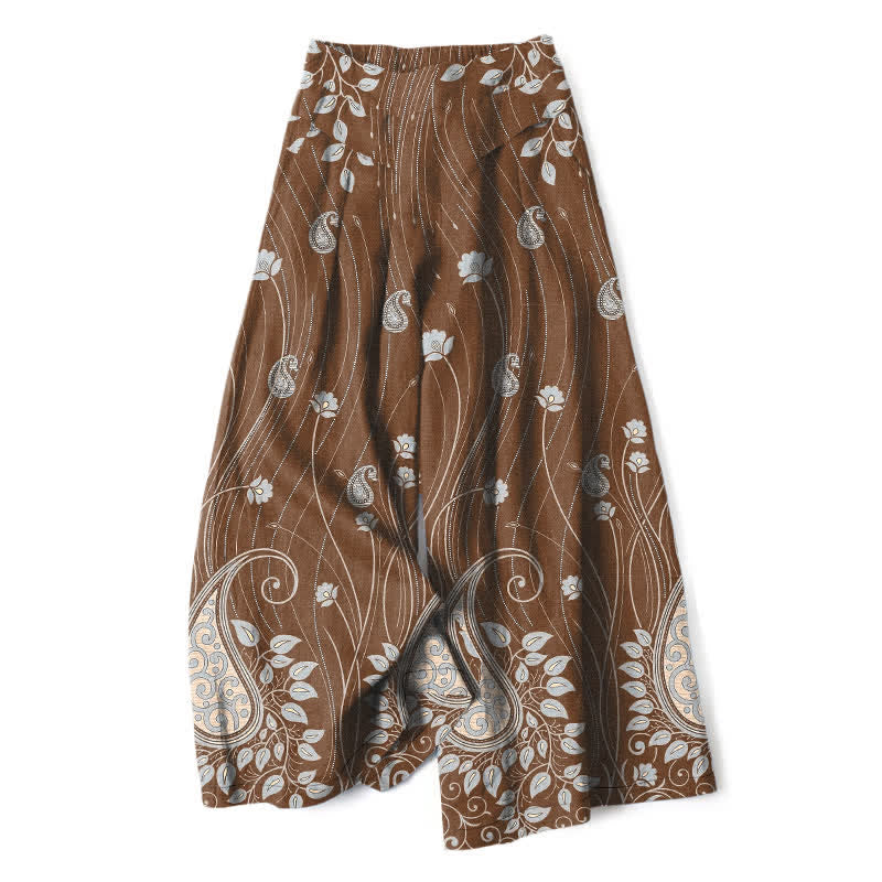 Buddha Stones Cotton Linen Paisley Floral Lines Pattern Women's Elastic Waist Wide Leg Pants With Pockets - Sienna - US16，UK/AU20，EU48 (3XL) - image 4
