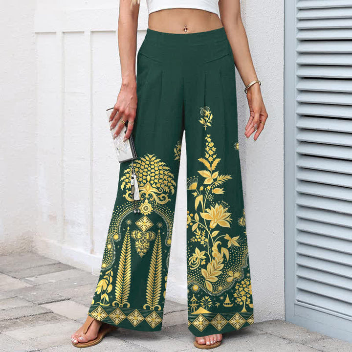 Buddha Stones Cotton Linen Bohemian Golden Floral Pattern Women's Elastic Waist Wide Leg Pants With Pockets - image 1